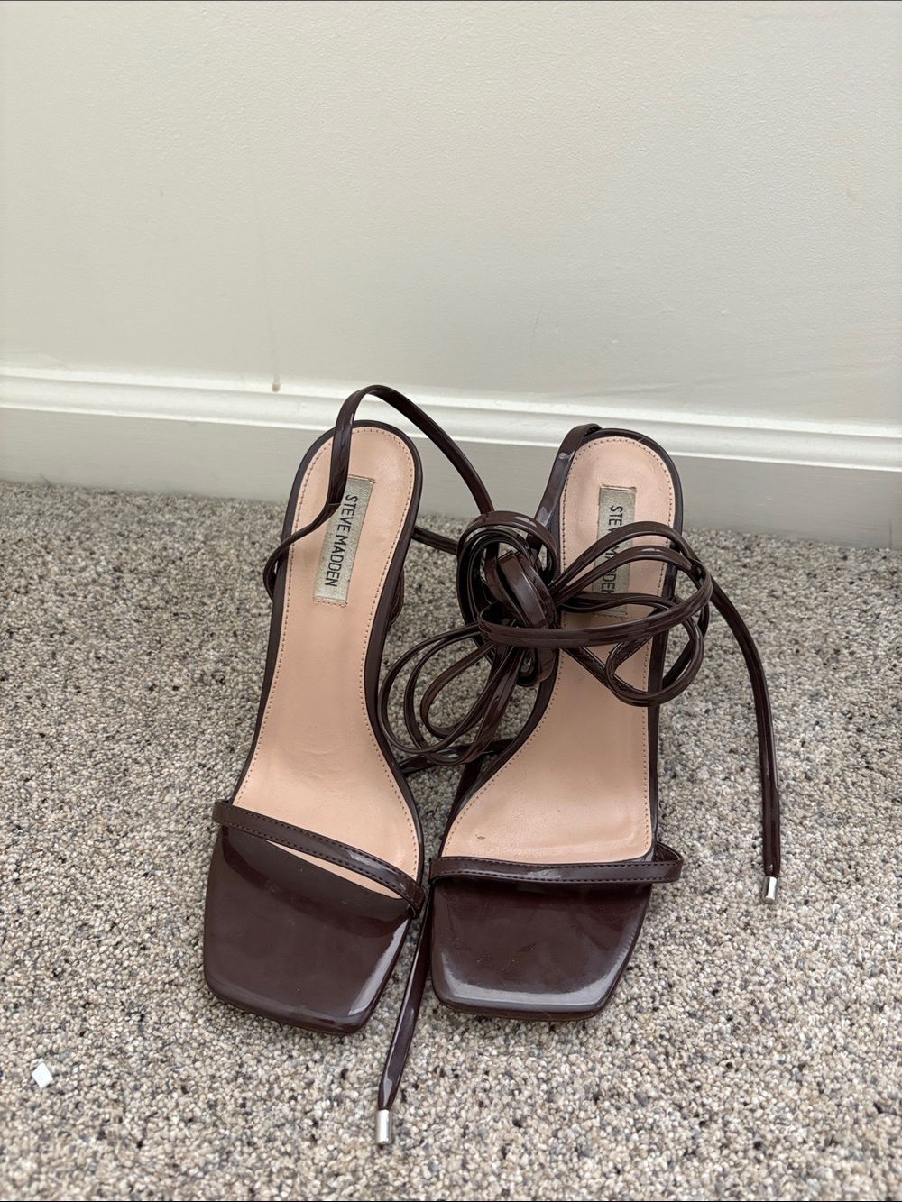 Steve Madden Brown Patent Square-Toe Lace-Up Heels